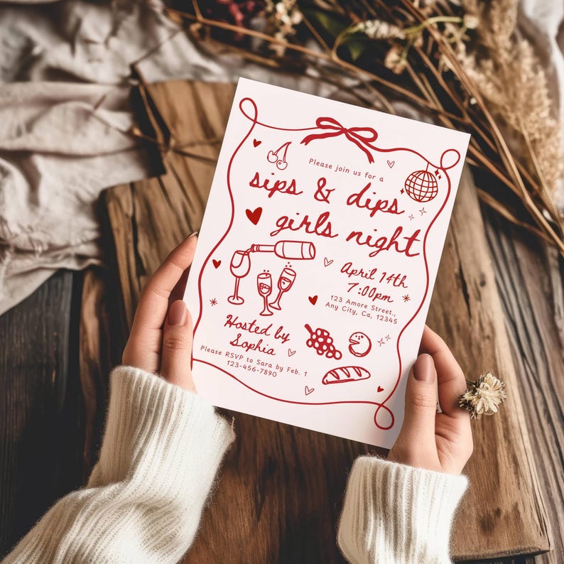 Sips Dips Invitation & Wine Tasting Card Template, Wine and Cheese Girls Night Party Invite, Pink Birthday Dinner Wine Party Game Printable image 4
