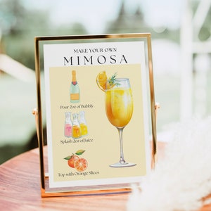 Znak Mimosa Bar, Nowoczesny nadruk koktajlowy Mimosa, Znak Mimosa, Szablon menu baru na brunch, Plakat Mimosa, Bar z bąbelkami, Dekoracja wózka barowego w stylu retro