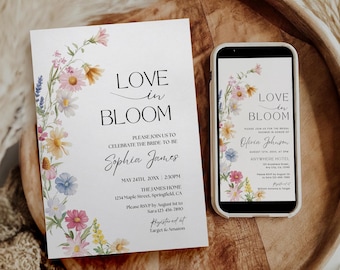 Szablon zaproszenia na wieczór panieński Wildflower Love in Bloom, zaproszenie na wieczór panieński z motywem kwiatowym Pastelowe kwiaty wiosenne Zaproszenie na brunch dla panny młodej Edytowalne