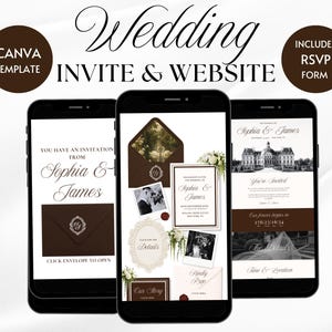 May include: Three smartphones displaying wedding invitation and website designs. The text includes "Wedding Invite & Website," "Canva Template," and "Includes RSVP Form." The designs feature elegant fonts, photos, and the names "Sophia & James."