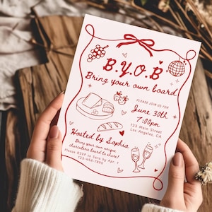 Charcuterie Board Party Invitation Template, BYOB Board Wine and Cheese Girls Night Party Invite, Pink Whimsical hand drawn Dinner Printable