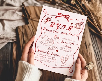Charcuterie Board Party Invitation Template, BYOB Board Wine and Cheese Girls Night Party Invite, Pink Whimsical hand drawn Dinner Printable