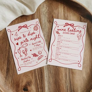 Sips Dips Invitation & Wine Tasting Card Template, Wine and Cheese Girls Night Party Invite, Pink Birthday Dinner Wine Party Game Printable image 1