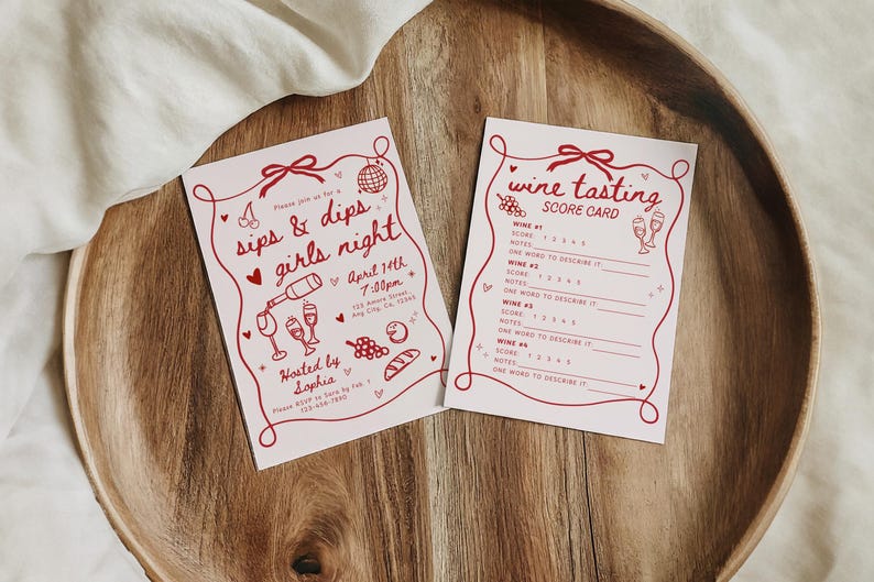 Sips Dips Invitation & Wine Tasting Card Template, Wine and Cheese Girls Night Party Invite, Pink Birthday Dinner Wine Party Game Printable image 1