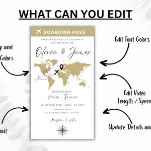 Carte d'embarquement, modèle numérique de suite de faire-part de mariage, ensemble animé d'invitation de mariage à destination, itinéraire d'invitation de mariage de voyage modifiable image 7