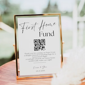 Sinal de código QR do fundo de lua de mel, sinal de fundo de lua de mel de casamento, sinal de código QR Venmo de casamento moderno, modelo editável de primeiro fundo de casa para impressão