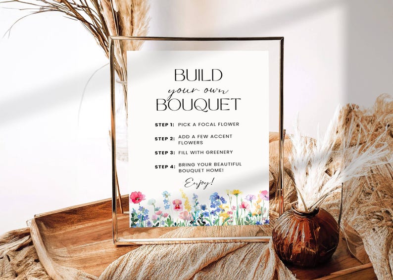 Flower Bar Sign, Build your own Bouquet Print Template, Floral Bridal Shower Sign, Flower Bar Cart Poster Wildflower Baby Shower Printable image 4