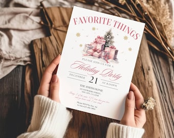 Invito per festa di Natale a tema "Cose preferite", invito per scambio di regali di Natale, invito stampabile per festa di Natale moderna tra ragazze in rosa