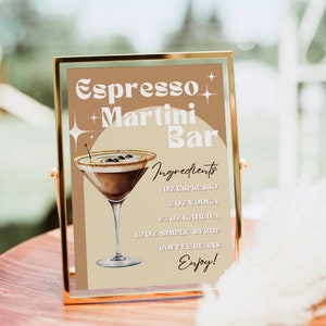 Znak Espresso Martini Bar, wydruk koktajlu Espresso Martini, szablon menu Signature Drink Bar, plakat koktajlowy, dekoracja artystyczna Retro Bar Cart