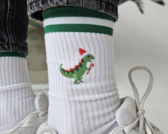 Christmas Dinosaur Socks Funny Santa Dino Socks Cute Holiday Crew Socks for her Festive Unisex Crew Socks Fun Holiday Gift Socks
