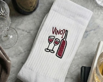 Vino Socks – Funny Wine Lover Socks, Embroidered Wine Bottle Crew Socks, Cute Aesthetic White Socks, Gift for Wine Lovers