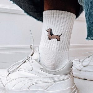 Sausage Dog Socks Dachshund dog socks Dachshund embroidered socks gift for Dachshund lover dog lover socks white tennis socks Funny dog