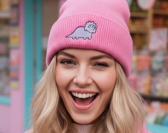 Pink Beanie with Cute Dinosaur Sustainable Winter Gift for Her Cozy Christmas Beanie Fun pink beanie customize gift Embroidered beanie