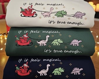 Embroidered Christmas Dinosaur Sweatshirt Organic Cotton Santa Sweater Cute Dino Christmas Jumper Cozy Holiday Gift Magical Winter Crewneck