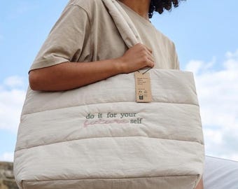Custom Embroidered Puffy Tote Bag – Minimalist Cotton Quilted Bag, Personalized Gift, Aesthetic Everyday Tote, Soft Neutral Bag