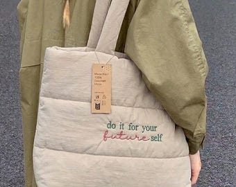 Custom Embroidered Puffy Tote Bag – Minimalist Cotton Quilted Bag, Personalized Gift, Aesthetic Everyday Tote, Soft Neutral Bag