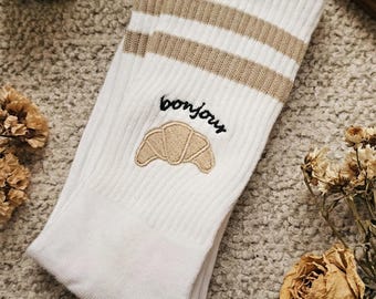 Croissant socks bonjour embroidery socks France lover socks Paris lover socks gift for Paris lover embroidered croissant socks France socks