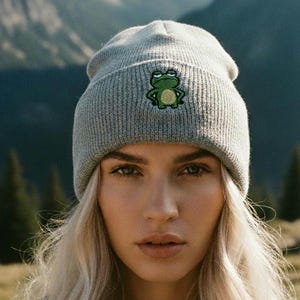 May include: Gray beanie with a green frog patch. The beanie is made of a soft, knitted material. The frog patch is embroidered with green and yellow thread. The background features a mountain range.
