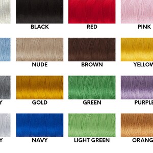 May include: A color chart of spools of thread in various colors. The colors include white, black, red, pink, sky blue, nude, brown, yellow, dark grey, gold, green, purple, light grey, navy, light green, and orange. Each spool has the color name printed below it.