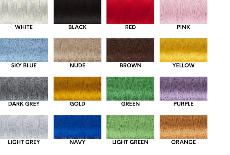 May include: A color chart of spools of thread in various colors. The colors include white, black, red, pink, sky blue, nude, brown, yellow, dark grey, gold, green, purple, light grey, navy, light green, and orange. Each spool has the color name printed below it.