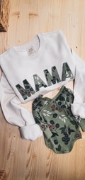 Mama sweatshirt with baby onsie baby clothe into mama sweatshirt Mama Embroidered Baby Outfit Keepsake Applique Sweatshirt Gift for Mom product logo