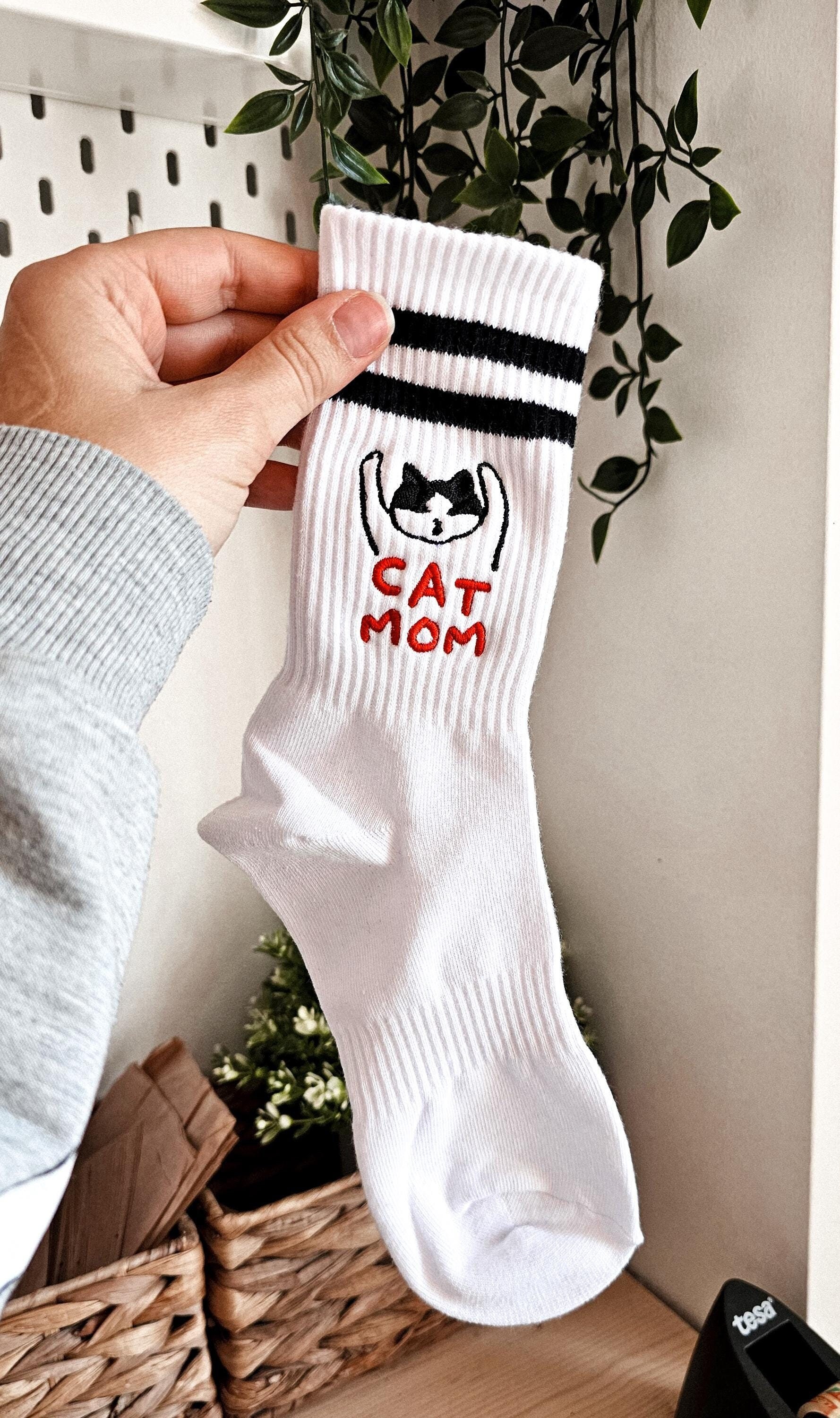 Cat mom socks embroidered socks with cat gift for cat mom gift for cat lover cat dad socks Cat lover socks with cat funny cat socks