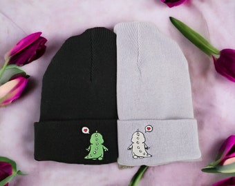 Matching beanies with dinosaurs Cute embroidered beanies for couples Valentine’s Day gift Best friend gift Matching gift for lovers