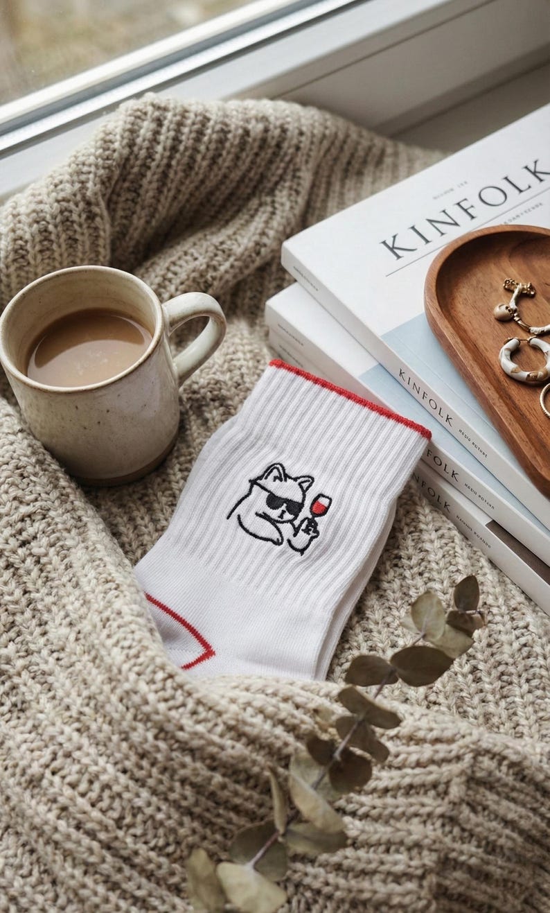 May include: White socks with a red trim and a cartoon cat wearing sunglasses and holding a wine glass. The socks are next to a mug of coffee, books, and jewelry on a cozy, knitted blanket.