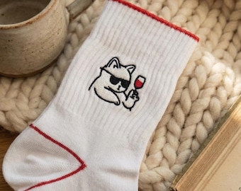 Cat mom socks embroidered socks with cat gift for cat mom gift for cat lover cat dad socks Cat lover socks with cat funny cat socks