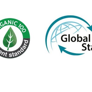 May include: A collection of green and black circular logos with text that reads "Global Organic Textile Standard", "Organic 100", "Organic Blended", and "GOTS". A blue logo with a globe and arrow reads "Global Recycled Standard". A black and white logo with brackets reads "PETA-APPROVED VEGAN".