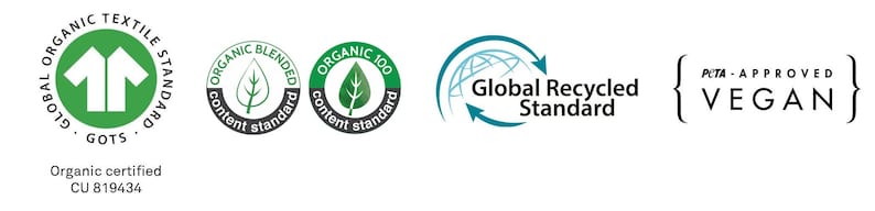May include: A collection of green and black circular logos with text that reads "Global Organic Textile Standard", "Organic 100", "Organic Blended", and "GOTS". A blue logo with a globe and arrow reads "Global Recycled Standard". A black and white logo with brackets reads "PETA-APPROVED VEGAN".