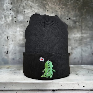 Beanie with dinosaur gift for dino fan cute beanie gift for her embroidered black beanie