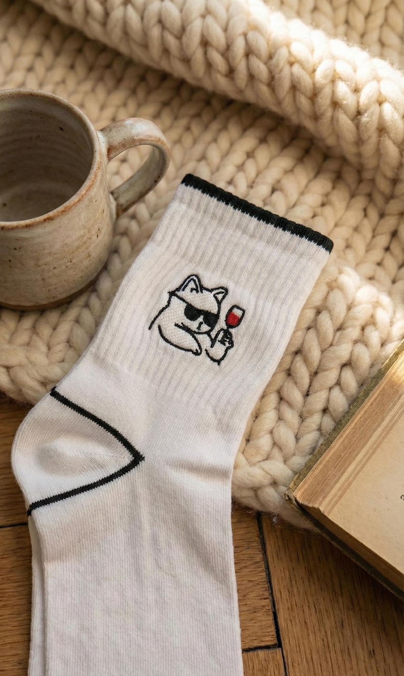 May include: White socks with a black trim and a black cat graphic wearing sunglasses and holding a glass of red wine. The socks are on a wooden surface next to a mug and a book.