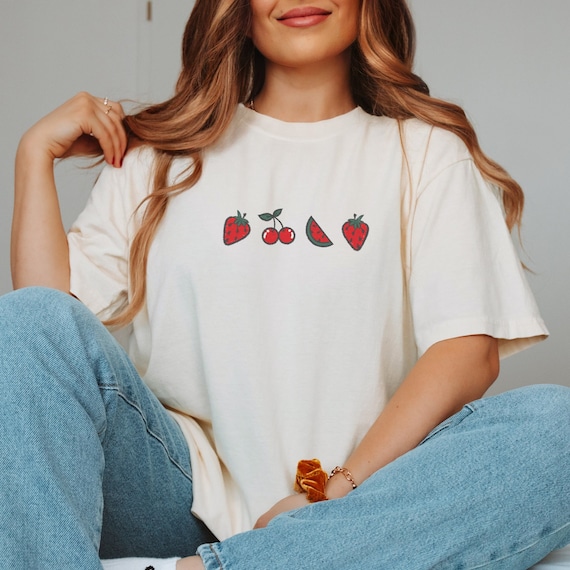 Strawberry Embroidered vintage style Tee Fruit Shirt Summer T-Shirt cherry Embroidered Tee Shirt Custom Shirt Cute watermelon t-shirt