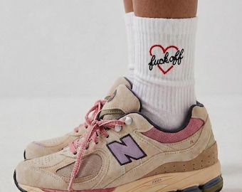 Fuck Off Socks with Heart – Funny Embroidered Socks, Cute but Rude Socks, Aesthetic White Crew Socks, Valentines day gift, Sassy socke