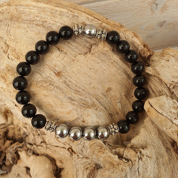 Bracelet Ancrage Protection en Agate noire, Hématite et perles argentées