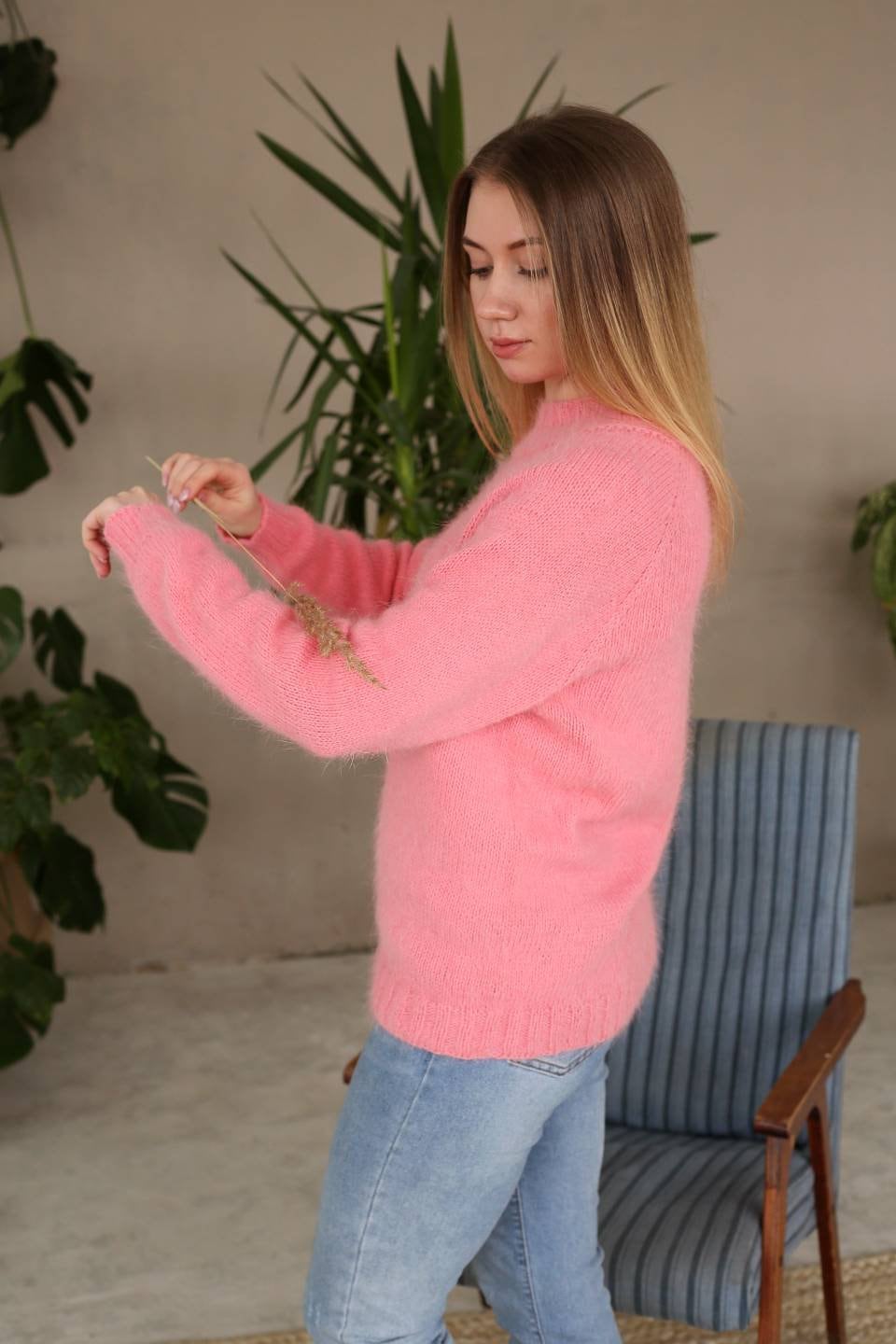 Pink Angora sweater for women Warm crochet pullover Etsy