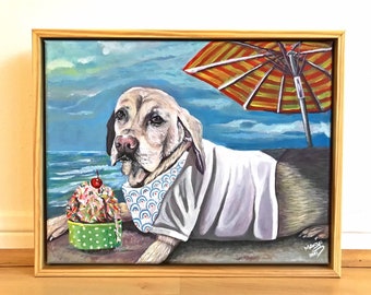 Dog at Beach Painting – Original Acrylic Pet Portrait, Contemporary Art