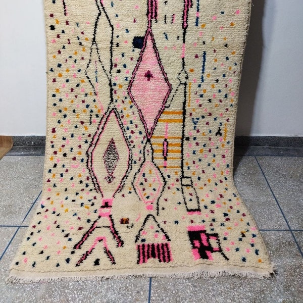 Beautiful Beni Ourain rug,handmade checkerboard rug,Moroccan checkered rug, wool rug,solid Berber white rug, Moroccan Berber pink rug-8x4 ft