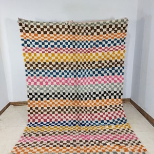 Hand Woven Multicolored Moroccan Checkered Rug Genuine Moroccan Checkered Rug Beni Ourain Soft Shag Carpet Artistic Oriental