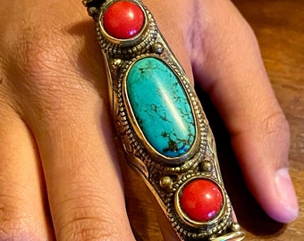 Brass Turquoise and Coral Tibetan Ring