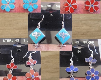 Sterling Silver with Turquoise, Coral, Lapis, Buddha Eye Inlay Ear Rings