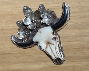 Bull Head Large Carved bone and flower Tibetan Pendant