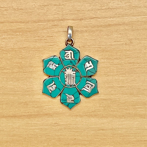 Sterling Silver Lotus Design with Tibetan Prayers on Turquoise inlayed Pendant