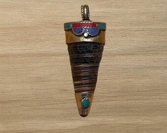 Shell With Turquoise  Coral and Brass Inlay Brass Reversible Tibetan Pendant