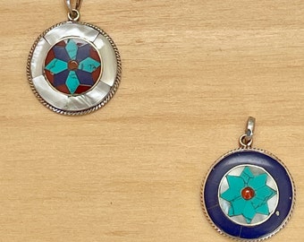 Sterling Silver Mother of Pearl, Turquoise and Lapis Inlayed Pendant