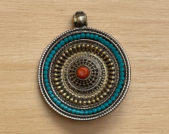 Turquoise and Coral Handcrafted Tibetan Brass Reversible Medium Pendant