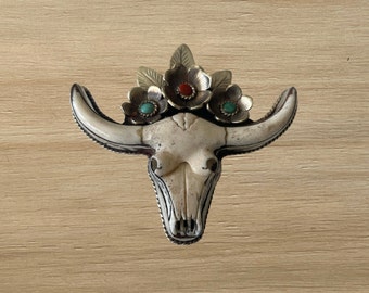 Bull Head Large Carved bone and flower Tibetan Pendant 2