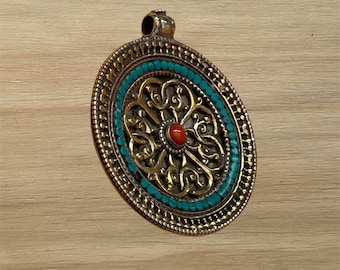 Turquoise and Coral Handcrafted Tibetan Brass Reversible Pendant