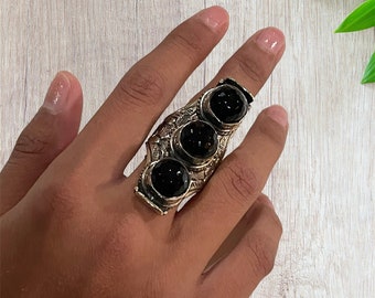 Tibetan Onyx Triple Stone adjustable size ring